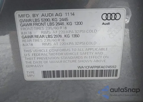2015 Audi Q5 2.0T Premium из США, поврежденный, VIN WA1CFAFP8FA074592
